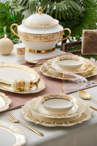 Caroline Bone China Emboss 60 Piece Gold Porcelain Dinner Set For 12 People - 1