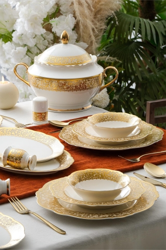 Romeo 60 Piece Gold Porcelain Dinner Set For 12 People - 1